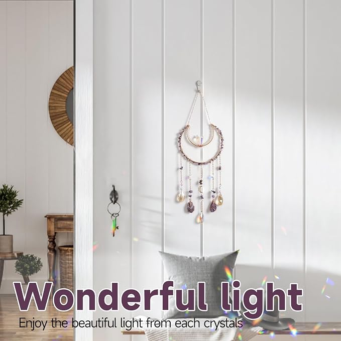 Crystal Suncatcher, Dreamsum Window Suncatchers with Crystals and Stones | Sun Catchers Indoor, Window Catcher with Prism Slices, Moon Crystal Suncatchers gift for Girls, Lover and Mom-Purple