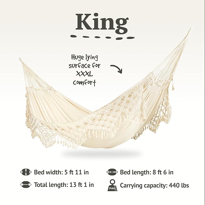 LA SIESTA® - XL King Bossanova Brazilian Hammock - Luxurious Comfort, Organic Cotton Handmade in Brazil - Boho Hammock, Macrame Hammock - Extra-Wide Indoor Hammock Bed for Relaxation - Latte