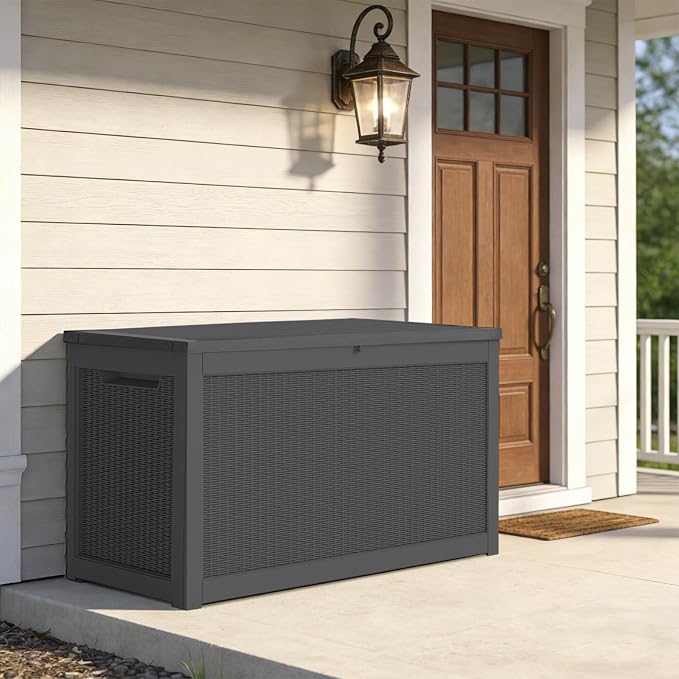260 Gallon Outdoor Deck Boxes, IP68 Waterproof Outdoor Storage Box with Hydraulic Lid Support, Outside Resin Container for Furniture, Toy, Shoe, Garden & Patio Tools Storage -Black