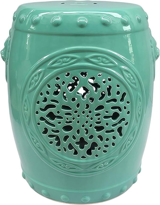 Decorative Ceramic Garden Stool, Hand-Crafted Outdoor Side Table, Shoe Changing Drum Stool for Patio, Living Room Accent Furniture(Green)