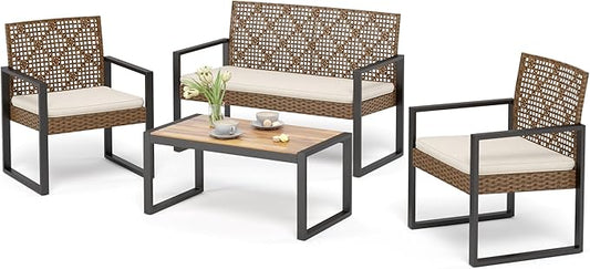 Sophia & William 4 Pieces Patio Conversation Set, Wicker Outdoor Furniture Set for 4, All Weather Outdoor Seating Set, Rattan Loveseat & Single Chairs with Cushions & Acacia Wood Coffee Table