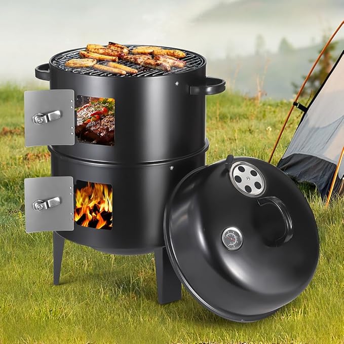 3-in-1 Vertical Charcoal Smoker Grills For Backyard Barbecues, 17 Inch Portable Smoker bbq Grill with Thermometers and 2 Access Doors for Parties Outdoor Camping Cooking (17 Inch)
