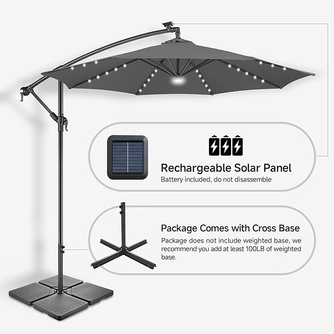 Solar Offset Patio Umbrella - 10 FT Solar Cantilever Umbrella Outdoor with 40 LED Lights and Cross Base, UV Protection for Garden, Deck, Backyard, Pool, Porch, Anthracite