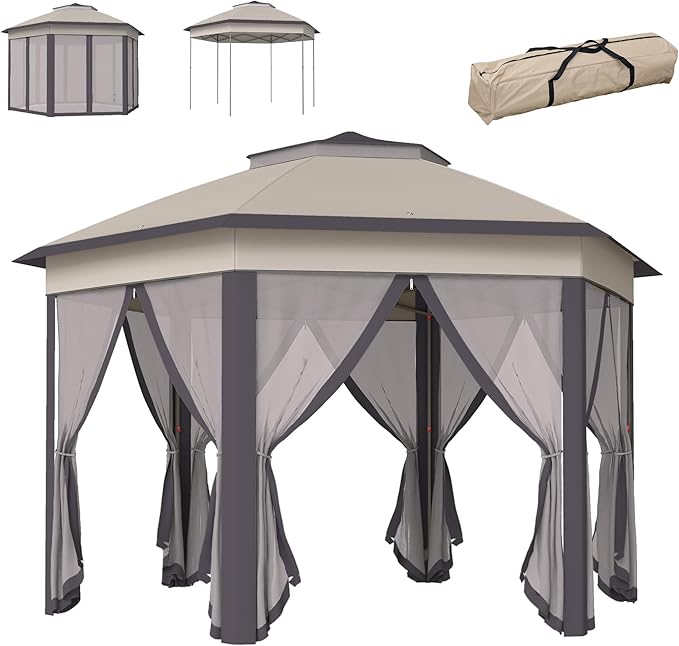 Outsunny 13' x 13' Pop Up Gazebo, Hexagonal Canopy Shelter with 6 Zippered Mesh Netting, Event Tent with Strong Steel Frame for Patio Backyard Garden Wedding Party, Coffee and Beige