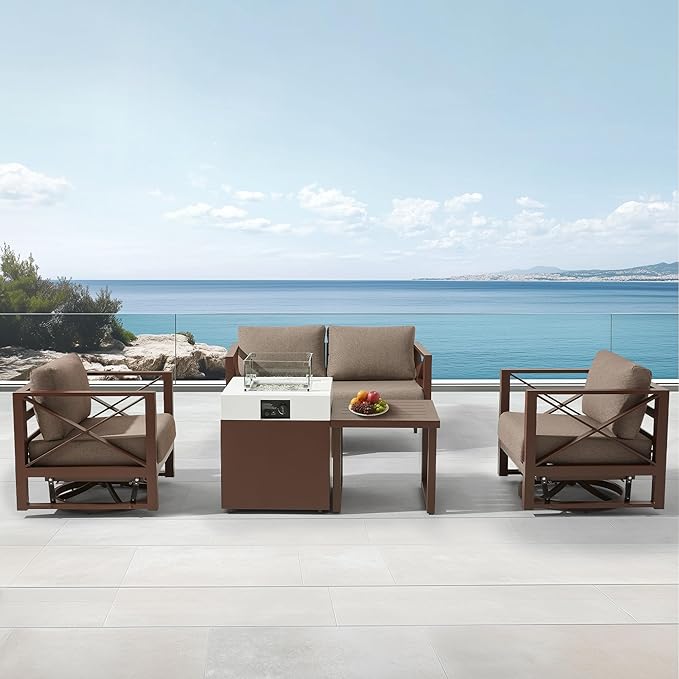 MBY 4-Seat Aluminum Patio Furniture Set with Fire Pit – Outdoor Conversation Set with 2 Swivel Rocking Chairs & 37,000 BTU Propane Table, All-Weather for Balcony & Garden – Brown
