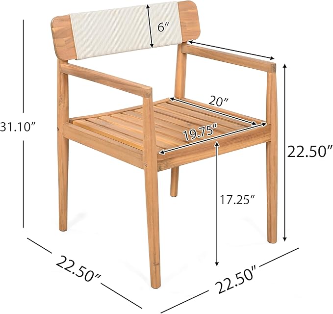 Merax 5 Pieces Patio Dining Sets for 4 People, Outdoor Acacia Wood Furniture Sets, 47.25" Large Round Table & Slatted Dining Chairs for Garden Patio Deck, Teak Look & White Rope