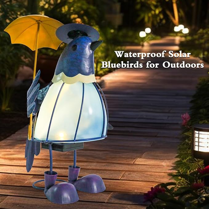 MUMTOP Solar Outdoor Lights Garden Decor, Cute Bluebirds Waterproof Solar Powered LED Light Metal Bird Holding Yellow Umbrella Yard Art Ornament for Patio Outside Lawn Backyard Balcony Decorations
