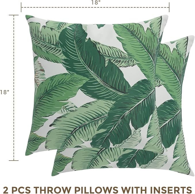 Throw Pillow with Insert, Set of 2, Outdoor Indoor Waterproof Decorative Patio Throw Pillow 18x18 Inch, Square Cushion for Couch Sofa Garden Farmhouse Decoration-Green Palm Leaf