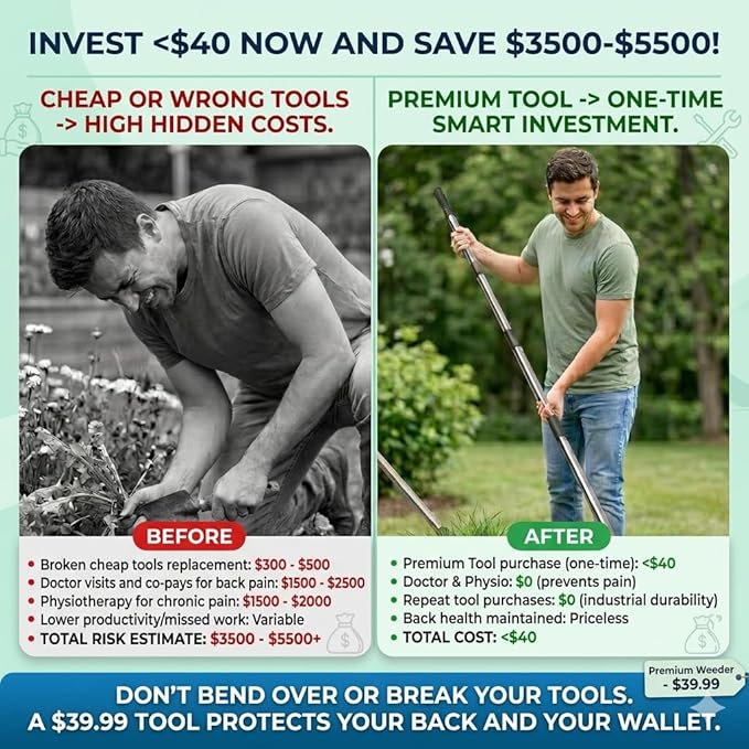 Premium 45.67" Standing Hand Weeder: Long Handle Hoe with Non-Slip Rubber Grip. Portable Root Puller for Yard, Lawn & Patio. Multi-Functional Soil Tiller & Digging Tool for Back-Saving Gardening.