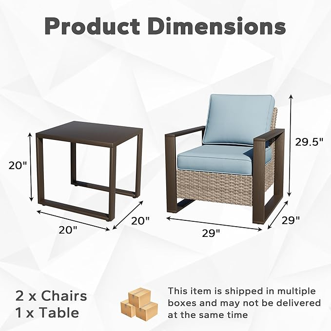 Joyside Outdoor Patio Chairs, 3 Pieces Wicker Rattan Furniture Set, 2 Patio Chairs and 1 Table, Metal Wide Armrest, Thick Cushions and Deep Seating for Garden, Backyard, Porch, Deck