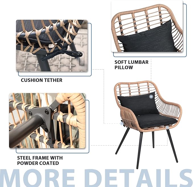 JOIVI 3-Piece Patio Set, Outdoor Wicker Conversation Bistro Sets for Porch, Backyard with Square Glass Top Coffee Table, Cushions and Lumbar Pillows