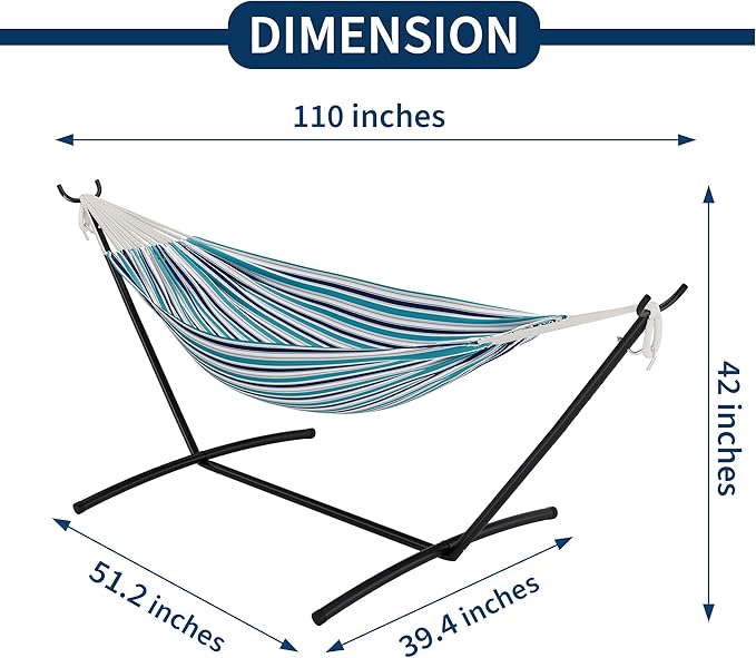 Double Hammock with Stand - Heavy Duty 450lbs Capacity, Portable Cotton Hammock for Two Adults, Indoor & Outdoor Use with Travel Bag, Ocean Stripe Pattern