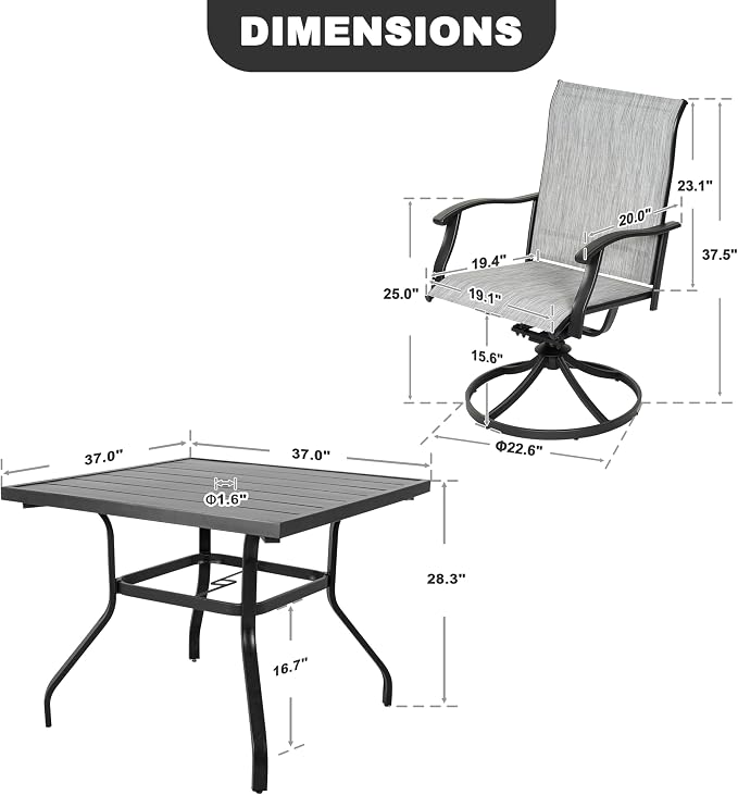 NUU GARDEN 5-Piece Patio Dining Set, Outdoor Dining Set, Slatted Patio Table with Umbrella Hole, Textilene Swivel Chairs with High Backrest, Outdoor Table and Chairs, Black and Light Gray