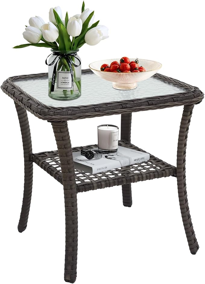 EAGLE PEAK Rustic Veranda Outdoor Wicker Side Table with Lower Storage, Rattan Coffee Table with Tempered Glass Top, Stonewash Gray