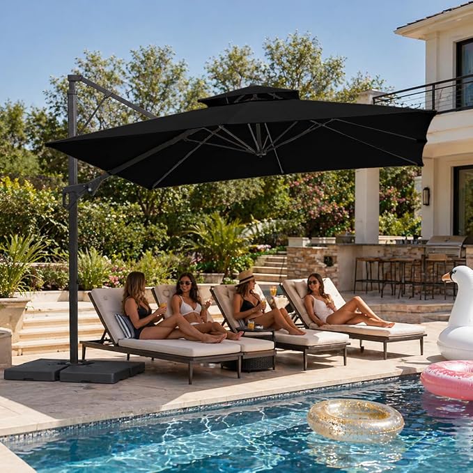 JEAREY 10ft 2-Tier Cantilever Patio Umbrella, Large Square Outdoor Offset Umbrella with Double Top Vent and 360-degree Rotation for Garden, Deck, Pool, Patio, Black