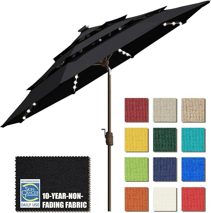 EliteShade USA 10-Year-Non-Fading 9ft 3-Tier Market Patio Umbrella, Commercial Table Umbrella with 80 Solar LED Lights, Crank Open, Windproof & UPF 50+ UV Protection for Garden, Deck, Pool, Backyard, Black