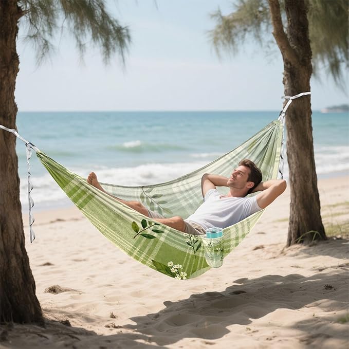 Green Plaid and Foliage Hammocks for Camping with Portabl Carry Bag Hanging Hammock Outside Beach Patio Garden