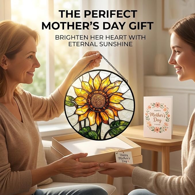 Sunflower Gifts for Women - Yellow Flower Faux Stained Glass Window Hanging Sun Catcher for Door Garden Acrylic Decor Mother's Day Christmas Birthday Gift for Mom Nana Grandma Sisters Colleague 6.3"