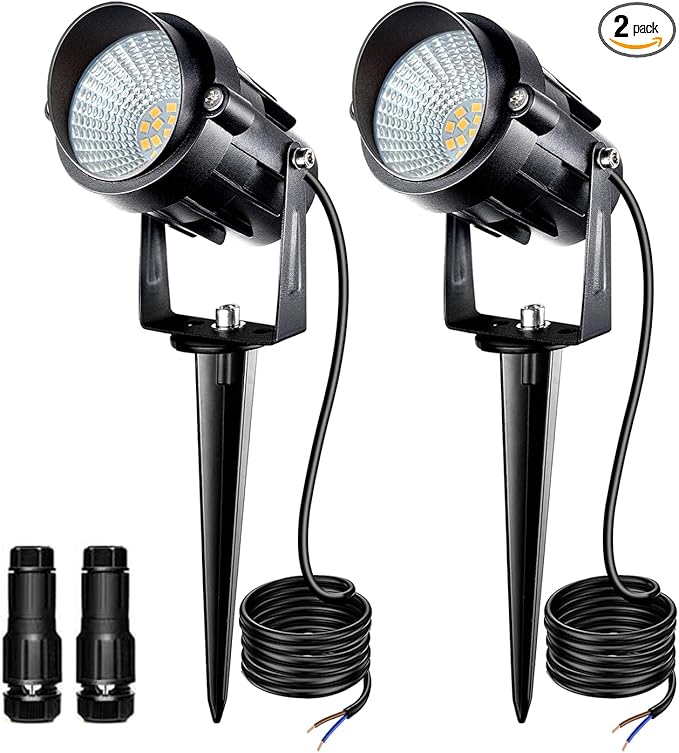 7W Low Voltage Landscape Lighting with Connectors AC/DC 12-24V IP67 Waterproof 3000K Warm White Outdoor Spotlights for Yard Pathway Garden Trees (2 Pack)