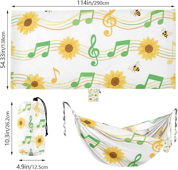 Sunflower Green Musical Note White 330lb Capacity Hammocks with Hanging Rope Swing Hammock for Indoor Outdoor Patio Bases para hamacas para adultos