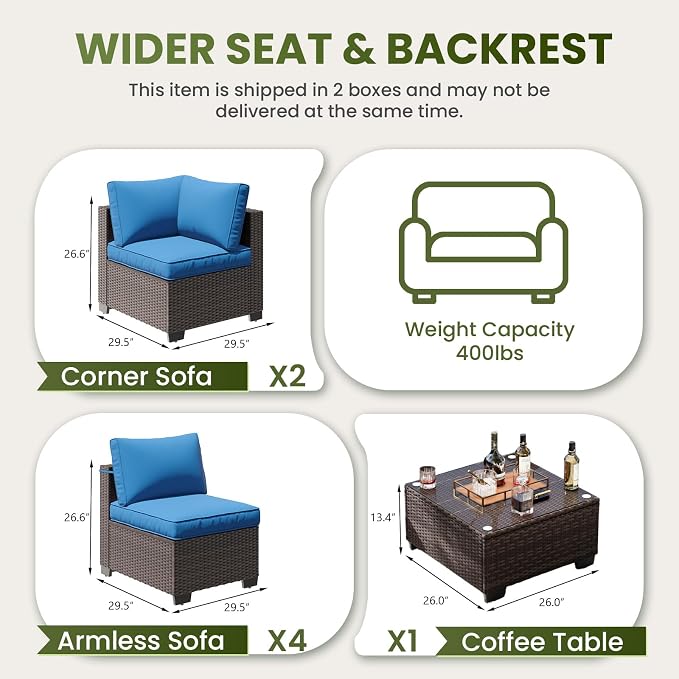 7 Piece Outdoor Patio Furniture Set, All Weather Pe Rattan Wicker Modular Patio Sofa Conversation Sets Sectional with High Backrest Support and Wide Armrest for Backyard, Balcony, Deck, Porch