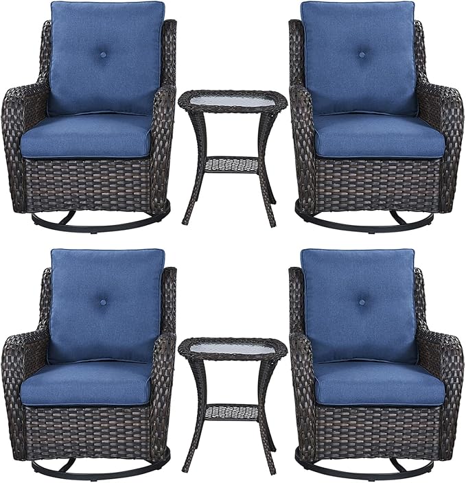 Rilyson Wicker Rocking Chair Swivel Chairs – 6 Piece Rocker Patio Furniture Set Rattan Rocking Bistro Sets with Glass Top Side Table for Outdoor Porch Deck Garden Backyard(Brown/Blue)