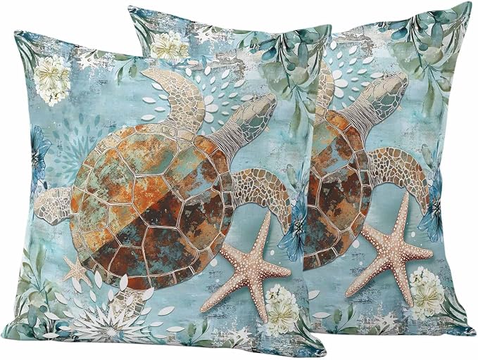 Ocean Turtle Outdoor Waterproof Throw Pillow Covers Set of 2, 26"x26", Retro Blue Nautical Starfish Sealife Decorative Pillow Covers Outside Cushion Case for Patio Porch Garden