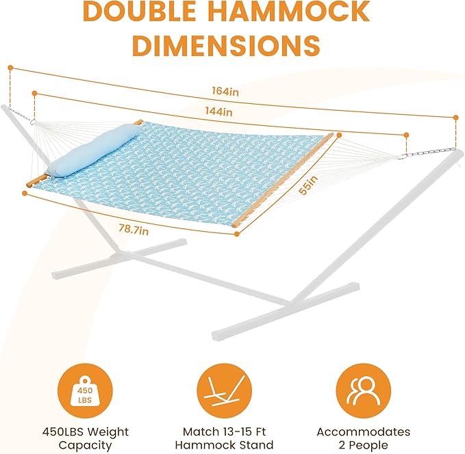 Lazy Daze Hammocks 12FT Quilted Fabric Hammock with Soft Pillow, Double 2 Person Tree Hammock with Spreader Bar for Outside Patio Poolside Backyard Beach, 450 lbs Capacity, Coastal Floral