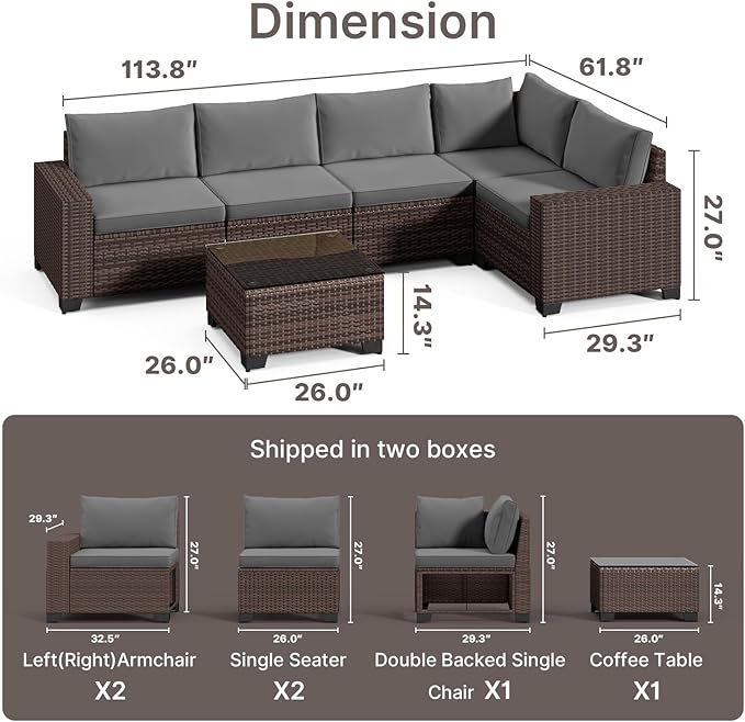 Gizoon 6-Piece Outdoor Patio Furniture Set, PE Wicker Rattan Sectional Sofa Conversation Set with Thickened Cushions and Coffee Table, All-Weather Patio Furniture for Garden, Backyard, Poolside, Grey