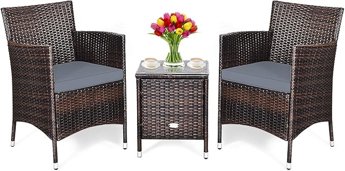 DORTALA 3 Piece PE Rattan Patio Furniture Set, Outdoor Chairs & Table Set with Tempered Glass Top & Cushions, Wicker Conversation Set for Garden Backyard, Grey