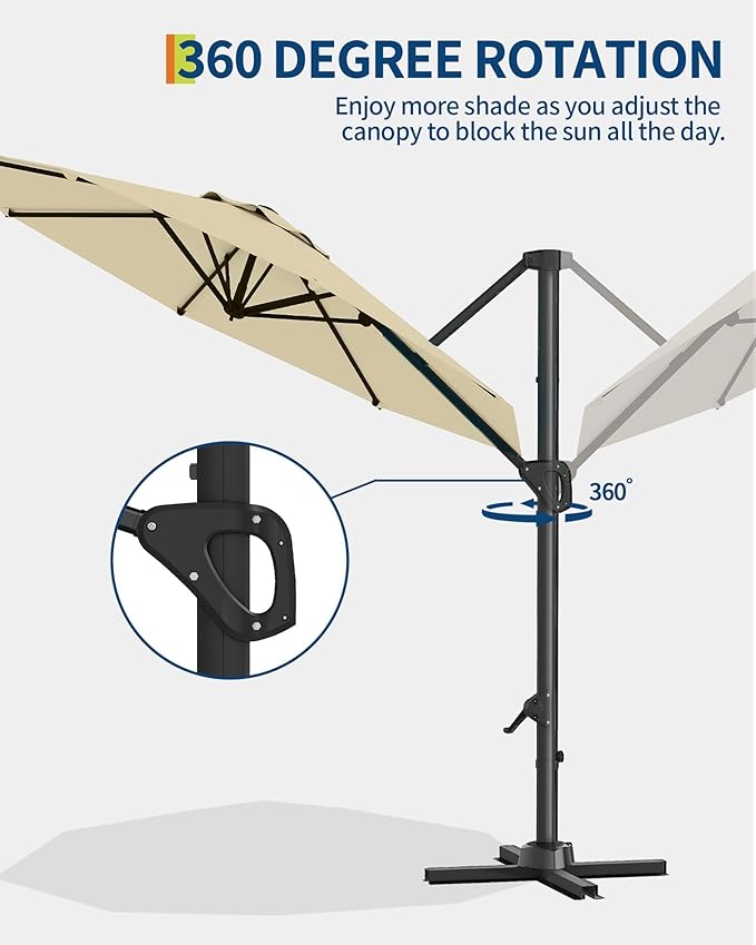 GarveeLife 10FT Patio Umbrella Outdoor Large Cantilever Umbrella Market Sun Shade Windproof Offset Umbrella with 360-Degree Rotation for Garden Deck Pool Patio
