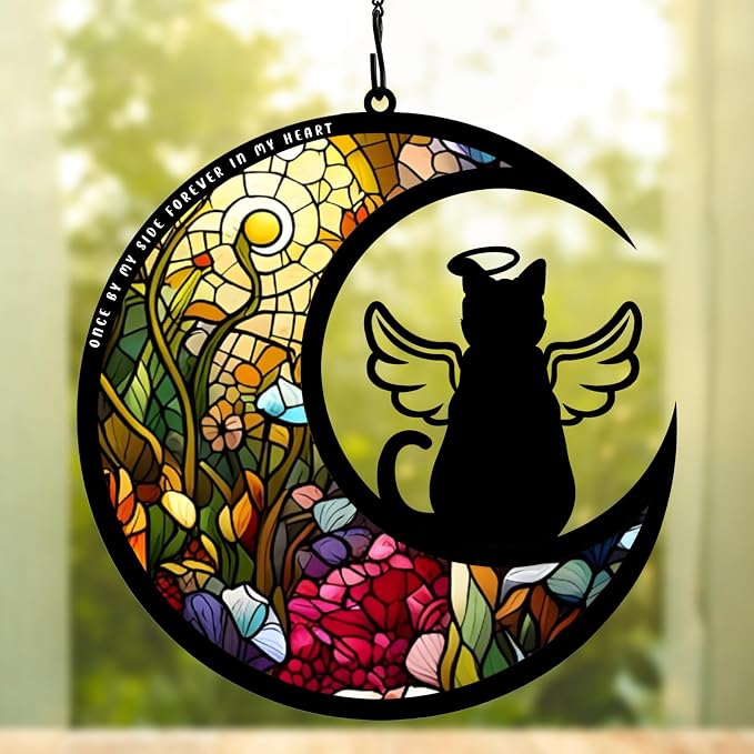 BamLue Cat Memorial Suncatcher for Windows Memorial Ornament, Pet Sympathy Gift to Memorialize The Loss, Angel Cat Sun Catchers with Personalized Decorations in Loving Memory for Loss