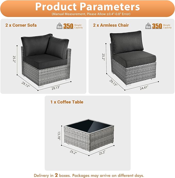 5 PCS Outdoor Patio Furniture Sets,Wicker Weather Resistant Patio Conversation Set with Comfy Cushions,Modular L Shaped Sofa with Coffee Table for Yard Backyard Porch Garden Poolside,Black
