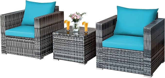 DORTALA 3 Pieces Patio Furniture Set, Outdoor Rattan Sofa Couch Set with Cushions, Tempered Glass Coffee Table, Wicker Patio Conversation Set for Lawn Backyard Poolside Balcony, Turquoise