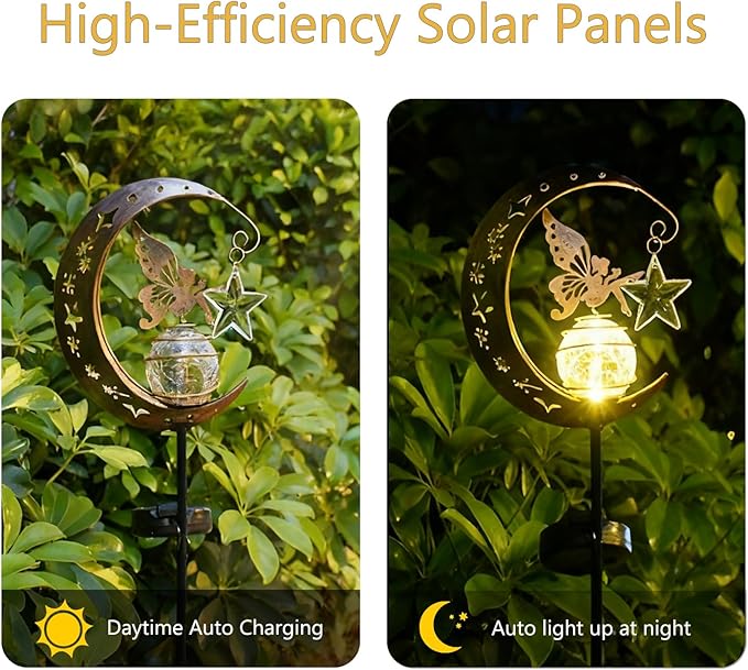 Garden Decorations Solar Light Outdoor-Moon Elf Lights with Crackle Glass Globe, Decoration for Pathway Lawn Patio Courtyard Backyard.(Moon Elf)
