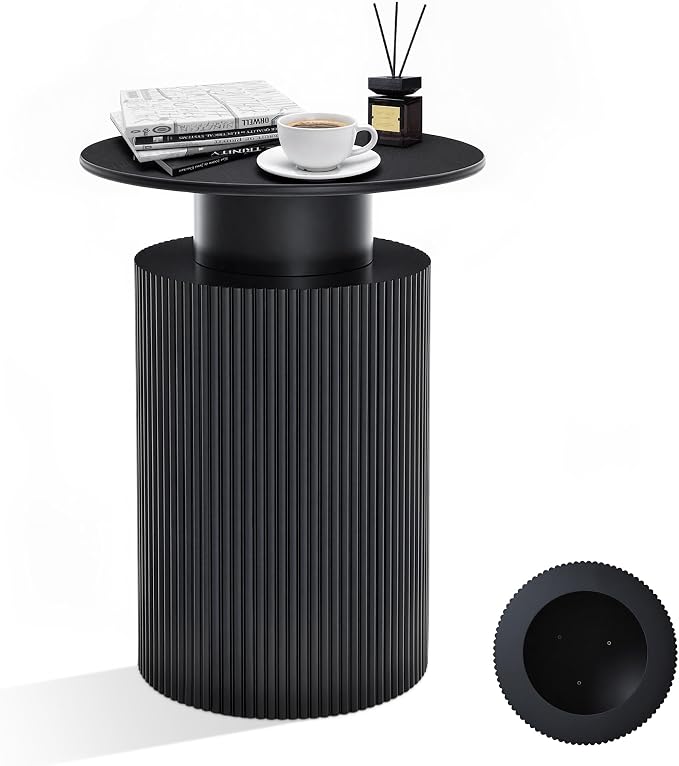 Round Side Table, 24" Fluted End Table with Storage, Mid Century Nightstand Modern Wood Bedside Accent Table, Farmhouse Circle End Tables for Home, Small Spaces, Bedroom, Living Room (Black) | Fluted End Table, Hidden Storage, Detachable Tray, Mid Cent...