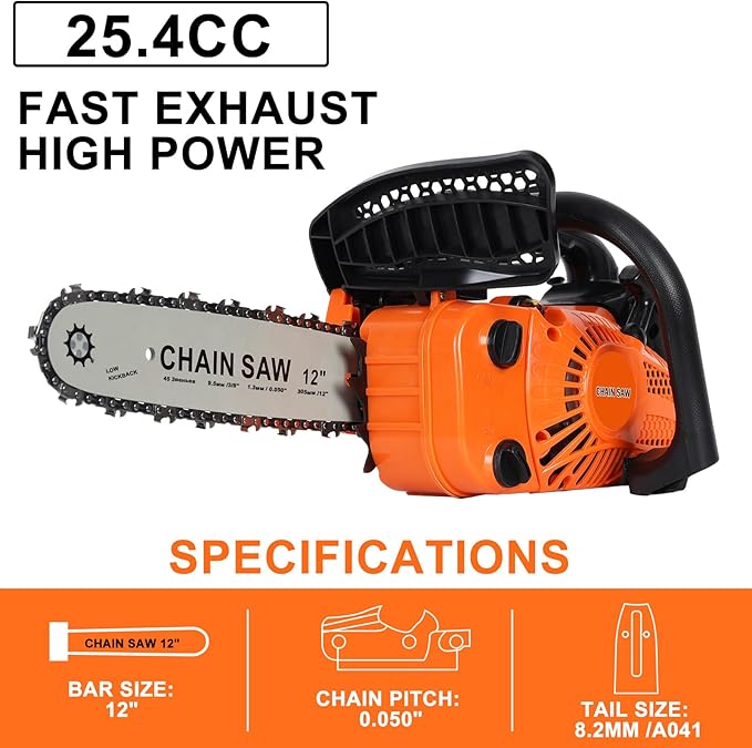 Gas Chainsaw 12 Inch, 25.4CC 2-Cycle Gas Powered Chain Saw, Motosierra De Gasolina, Top Handle Chainsaw for Tree Wood Cutting