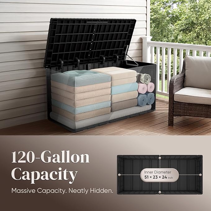 Quictent 120 Gallon Resin Deck Box, Weatherproof Waterproof Outdoor Storage Bench, Heavy Duty UV Resistant Lockable Container for Garden, Pool Supplies, Patio Cushions & Furniture Accessories