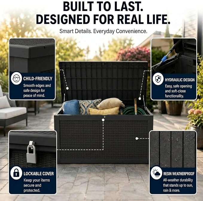 LAUSAINT HOME 100 Gallon Outdoor Deck Box, Waterproof Resin Storage Box with Lock, Patio Cushion Storage, Garden Tool Organizer, Pool Storage Container, Outdoor Storage Bench, Black
