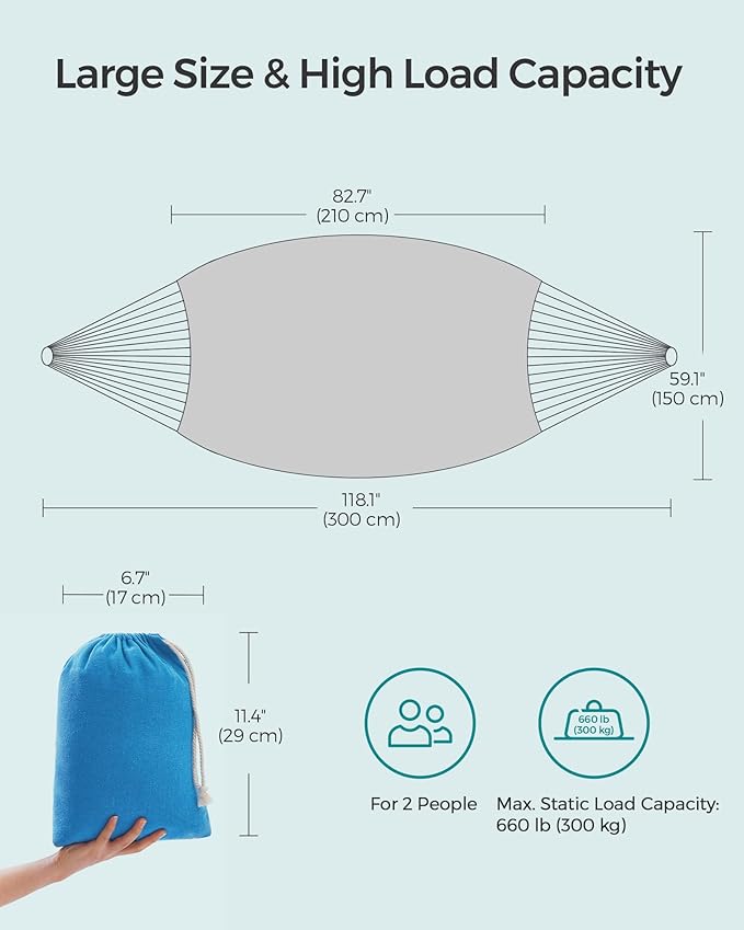 SONGMICS Double Hammock, 98.4 x 59.1 Inches, 660 lb Load Capacity, with Compression Bag, Mounting Straps, Carabiners, for Terrace, Balcony, Garden, Outdoor, Camping, Turquoise UGDC15BU