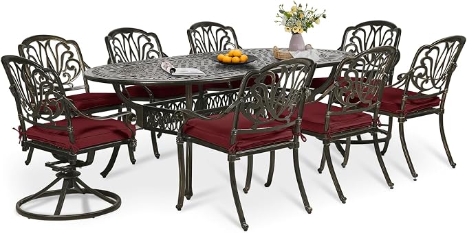 9-Piece Patio Dining Set, Outdoor Patio Table and Chair Set of 84” Oval Cast Aluminum Dining Table with Umbrella Hole, 6 Stationary, 2 Swivel Rocker Chairs, Patio Funiture Set, Red