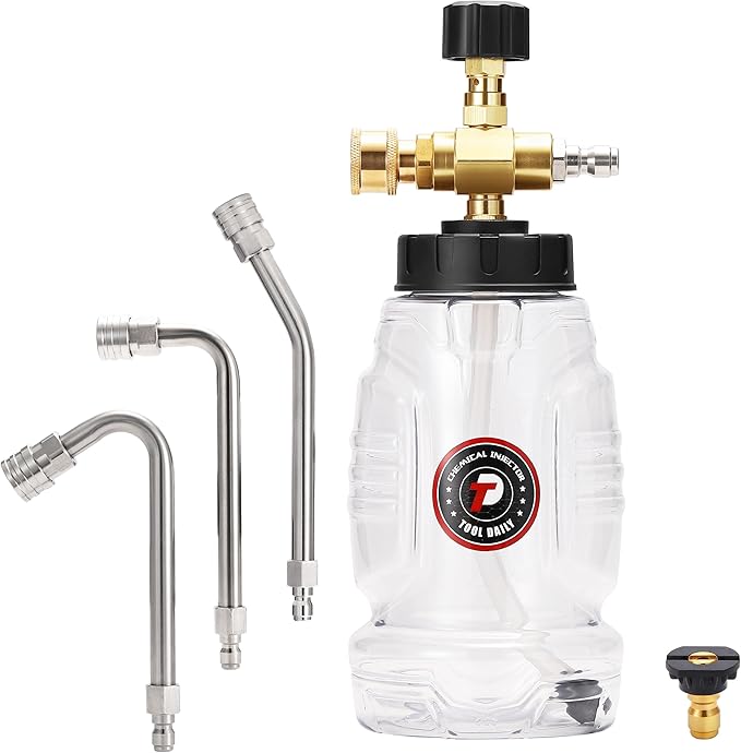Tool Daily Chemical Injector for Pressure Washer, Adjustable Chemical Injector Bottle with Straw, 3 Curved Rods, Black Soap Nozzle, 1/4” Quick Connect, 3600 PSI