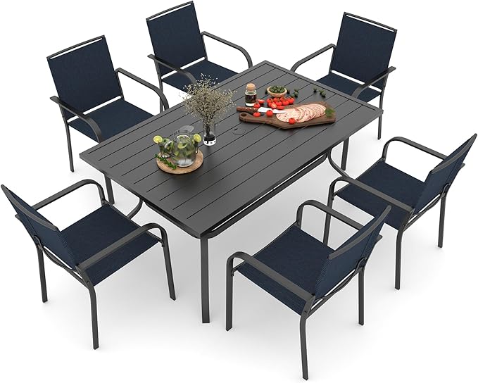 Anmutig 7 Piece Outdoor Patio Dining Set, 60"X38" Rectangular Patio Table, 6 Stackable Chairs, All Weather Furniture Set - Navy Blue