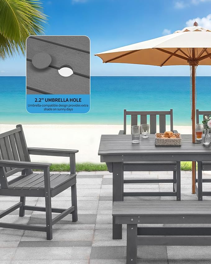 HDPE Outdoor Dining Set for 6, Patio Dining Furniture Set with Umbrella Hole Cut-Out Table and 1 Bench and 4 Chairs, All Weather Outdoor Dining Bench Sets, Gray