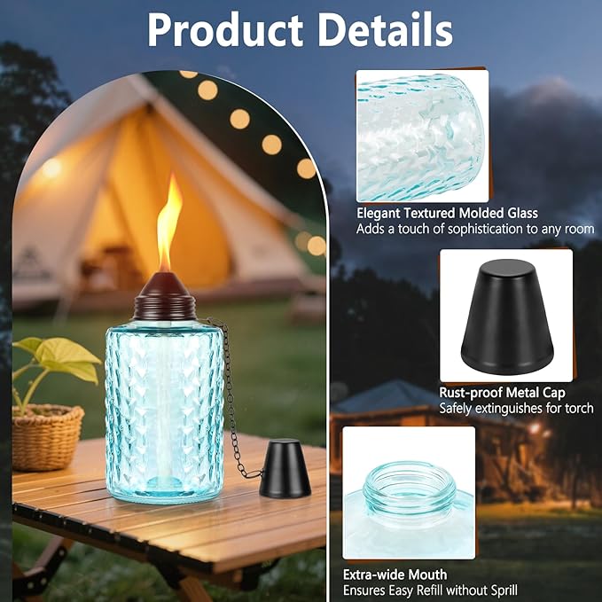 KintKita Table Torches for Outside Citronella 4 Pack, 12oz Table Torch Canister Outdoor Lighting, Refillable Torches for Yard,Patio & Backyard Parties Décor (Blue)