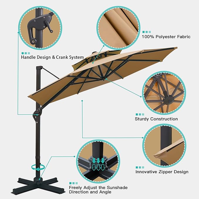 Sunnyglade 11FT Double Top Cantilever Patio Umbrella Deluxe Offset Umbrella 360° Rotation & Integrated Tilting System Heavy Duty Outdoor Umbrella for Market Garden Deck Pool Backyard Patio(Tan)