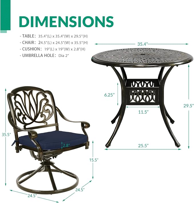 VIVIJASON 3-Piece Patio Furniture Dining Set, Outdoor All-Weather Cast Aluminum Bistro Set, Include 2 Swivel Chairs and 35.4" Round Table w/Umbrella Hole for Balcony, Lawn, Garden (Navy Blue Cushion)