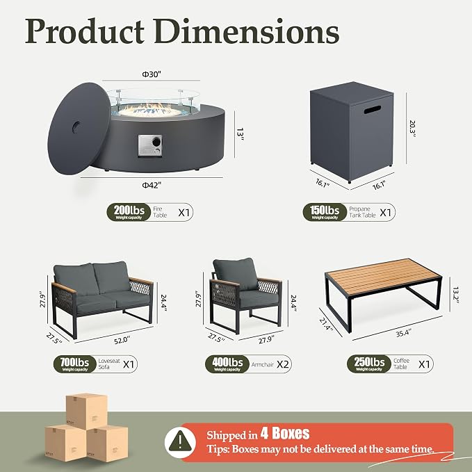UPHA 6 Pieces Patio Furniture Set with 42" Propane Gas Fire Pit Table, Metal Outdoor Sectional Couch Set with Loveseat Sofa, Modern Patio Conversation Set for Porch Balcony Deck, 4 Seats, Gray