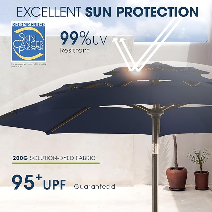 wikiwiki 10ft 3-Tier Patio Umbrella Outdoor Table Market Umbrella for Patio with Push Button Tilt/Crank, Fade Resistant Waterproof POLYESTER Canopy for Garden, Lawn, Deck, Backyard & Pool, Navy Blue