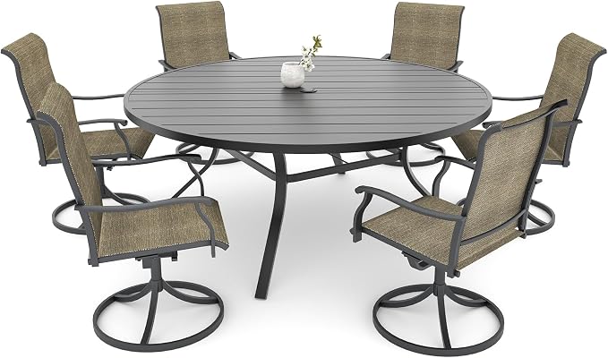 58"x 58"x 28" Patio Table and Chairs Set,6-Pieces Outdoor Swivel Dinging Chairs,Black Round Metal Table with Umbrella Hole,Outside Furniture Set for Patio,Deck,Porch,Backyard